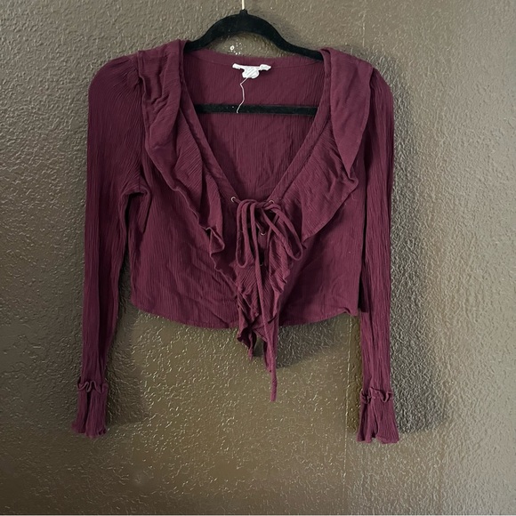 Maroon Purple Long Sleeve Ruffle V Neck Lace Up Top, Forever 21 Size Medium - Picture 1 of 6